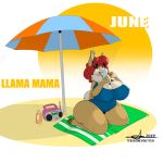  1:1 absurd_res anthro beach beach_towel beach_umbrella big_breasts big_butt blue_clothing breasts brown_eyes butt camelid cleavage clothed clothing digital_media_(artwork) english_text female food food_fetish fur hair hi_res hooves llama llama_mama_(thehoneybutter) mammal neck_tuft nipple_outline one-piece_swimsuit open_mouth popsicle radio red_hair seaside simple_background sitting solo suggestive suggestive_eating suggestive_food summer sunscreen swimwear tan_body tan_fur text thehoneybutter thick_thighs tongue tuft wide_hips 