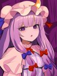  1girl :o bangs blue_bow blunt_bangs bow breasts crescent curtains dress hair_bow harakune_(mugennero) hat highres long_hair looking_at_viewer mob_cap neck_ribbon patchouli_knowledge pink_capelet pink_headwear purple_background purple_dress purple_eyes purple_hair red_bow red_neckwear ribbon sidelocks small_breasts solo striped touhou upper_body vertical_stripes 