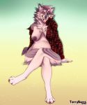  anthro blush canid canine canis clothed clothing crossed_legs domestic_dog female flanel_shirt fur hair hi_res hybrid looking_at_viewer mammal nipples nude piercing simple_background smile solo terry_(terryburrs) terryburrs tongue winking_at_viewer 