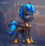 2020 armor black_body black_feathers black_fur black_wings blue_eyes blue_mane blue_tail blurred_background clothed clothed_feral clothing english_text equid equine fan_character feathered_wings feathers feral fur hasbro hi_res highlights_(coloring) jedayskayvoker looking_at_viewer male mammal mane melee_weapon my_little_pony pegasus portrait red_highlights signature smile solo sword text weapon wings 