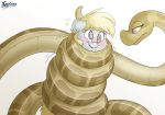  2020 absurd_res blonde_hair blush bodily_fluids coiling derp_eyes derpy_hooves_(mlp) equid equine female fluffyxai friendship_is_magic hair hi_res horse hypnosis hypnotic_eyes mammal mind_control my_little_pony pony reptile saliva scalie simple_background snake spiral_eyes squeezing white_background 