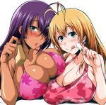  2girls absurdres ahoge antenna_hair blush breasts cleavage dark_skin earrings food green_eyes hair_over_one_eye highres ikkitousen jewelry kan&#039;u_unchou kimura_naoki large_breasts long_hair magatama magatama_earrings multiple_girls orange_hair popsicle purple_hair sonsaku_hakufu swimsuit 