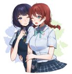  2girls :d asaka_karin bangs blue_eyes blue_shirt blue_vest blush braid breasts brown_hair cheek-to-cheek collared_shirt commentary emma_verde eyebrows_visible_through_hair freckles green_eyes green_neckwear green_ribbon grey_shirt grey_skirt highres hug large_breasts long_hair love_live! love_live!_nijigasaki_high_school_idol_club love_live!_school_idol_project medium_hair miniskirt multiple_girls neck_ribbon nijigasaki_academy_uniform one_eye_closed open_mouth pleated_skirt purple_hair ribbon school_uniform shirt short_sleeves skirt smile terupancake twin_braids twitter_username vest wing_collar yuri 