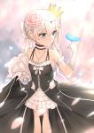  1girl absurdres aqua_eyes ass_visible_through_thighs black_dress blue_butterfly blurry blurry_background breasts bug butterfly butterfly_on_hand cross cross_necklace crown dress flower frilled_dress frills gloves hair_flower hair_ornament highres honkai_(series) honkai_impact_3rd insect jewelry lifted_by_self necklace short_hair simple_background small_breasts standing theresa_apocalypse tilted_headwear white_gloves white_hair zhourues 