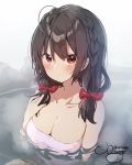  1girl black_hair breasts cleavage commentary_request highres kono_subarashii_sekai_ni_shukufuku_wo! large_breasts looking_at_viewer naked_towel nut_megu onsen partially_submerged red_eyes solo towel twitter_username water yunyun_(konosuba) 