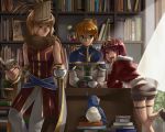  1girl 2boys alchemist_(ragnarok_online) animal_around_neck bangle bangs belt bird blonde_hair blue_belt blue_capelet blue_eyes book book_stack bookshelf bracelet brown_footwear brown_gloves brown_shorts capelet closed_mouth commentary_request cowboy_hat crown cup curtains day desk detached_sleeves eyebrows_visible_through_hair feet_out_of_frame filir_(ragnarok_online) fishnet_legwear fishnets flower fox fur-trimmed_jacket fur_trim gloves green_eyes hair_between_eyes hat heterochromia holding holding_book holding_cup indoors jacket jewelry leg_up library long_shirt long_sleeves looking_at_another looking_at_viewer looking_to_the_side multiple_boys natsuya_(kuttuki) open_mouth pants plant poring potion professor_(ragnarok_online) ragnarok_online red_eyes red_hair red_jacket red_shirt rogue_(ragnarok_online) shirt short_hair short_shorts shorts sitting sleeveless sleeveless_shirt smile standing teacup white_pants white_shirt white_sleeves yellow_sleeves 