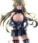  1girl american_flag_legwear bare_shoulders blonde_hair blue_eyes breasts cleavage elbow_gloves eyebrows_visible_through_hair fingerless_gloves front-tie_top garter_straps gloves highres iowa_(kantai_collection) kantai_collection large_breasts long_hair looking_at_viewer miniskirt mismatched_legwear nmz_(namazu) simple_background skirt solo star-shaped_pupils star_(symbol) striped striped_legwear symbol-shaped_pupils thighhighs vertical-striped_legwear vertical-striped_skirt vertical_stripes 
