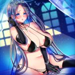  1girl aizawa_chihiro bikini black_bikini black_gloves black_legwear blue_eyes breasts cleavage elbow_gloves gloves grey_hair huge_breasts long_hair navel original solo sweat swimsuit thighhighs very_long_hair 