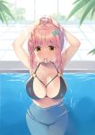  1girl armpits arms_up bikini black_bikini breasts brown_eyes highres large_breasts looking_at_viewer medium_hair navel original pink_hair pool smile solo swimsuit takashina_asahi water 