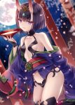  1girl alcohol bangs bare_shoulders black_legwear blurry blurry_background breasts collarbone commentary_request cup depth_of_field eyebrows_visible_through_hair fate/grand_order fate_(series) full_moon headpiece holding holding_cup horns japanese_clothes kimono looking_at_viewer moon nogi_takayoshi obi off_shoulder oni oni_horns parted_lips petals purple_eyes purple_hair purple_kimono sakazuki sake sash short_eyebrows short_hair shuten_douji_(fate/grand_order) small_breasts solo thick_eyebrows thighhighs 