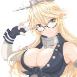  1girl absurdres bespectacled black-framed_eyewear blonde_hair blue_eyes breasts cleavage commentary_request fingerless_gloves front-tie_top glasses gloves headgear highres index_finger_raised iowa_(kantai_collection) kantai_collection large_breasts looking_at_viewer nitamago_(sakamalh) simple_background smile solo star-shaped_pupils star_(symbol) symbol-shaped_pupils upper_body white_background 