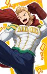  1boy artist_name bara belt blonde_hair blue_eyes blue_pants bodysuit boku_no_hero_academia cape covered_abs covered_navel gloves highres kicking kuroshinki leg_up looking_to_the_side male_focus muscle pants pectorals red_cape red_gloves short_hair simple_background smile solo teeth togata_mirio white_bodysuit 