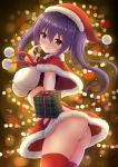  1girl ass blurry blush bokeh breasts capelet christmas christmas_tree closed_mouth cowboy_shot crop_top depth_of_field embarrassed from_side fur_capelet fur_trim gift giving gochuumon_wa_usagi_desu_ka? hat highres large_breasts long_hair looking_at_viewer midriff miniskirt panties purple_eyes purple_hair red_headwear red_legwear red_skirt sakuraume santa_costume santa_hat sidelocks skirt solo tedeza_rize thighhighs twintails underwear white_panties 