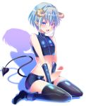  1boy aizawa_chihiro black_gloves black_legwear black_shorts blue_eyes censored demon_boy demon_tail gloves grey_hair horns looking_at_viewer navel original otoko_no_ko penis pointy_ears shadow short_hair shorts simple_background smile solo tail thighhighs white_background 