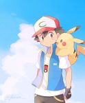  1boy ash_ketchum bangs baseball_cap blue_jacket brown_eyes closed_mouth cloud fingerless_gloves gen_1_pokemon gloves hat highres jacket male_focus mei_(maysroom) on_shoulder pikachu pokemon pokemon_(anime) pokemon_(creature) pokemon_on_shoulder pokemon_swsh_(anime) print_shirt shirt short_hair short_sleeves sky sleeveless sleeveless_jacket smile watermark white_shirt 