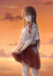  1girl akagi_(kantai_collection) asakawa_shinka bangs blurry blurry_background blush brown_hair closed_mouth cloud comic_lo grin hair_between_eyes hakama hakama_skirt highres japanese_clothes kantai_collection kimono long_hair looking_at_viewer ocean orange_sky outdoors red_hakama shiny shiny_hair skirt sky sleeves_rolled_up smile solo standing straight_hair sunset thighhighs wet wet_clothes wet_kimono wet_skirt white_kimono white_legwear yellow_eyes 