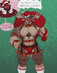  2020 annoyed anthro antlers beard bell belt blush body_hair bottomwear brown_body bulge capreoline cervid chesschirebacon chest_hair christmas christmas_clothing christmas_headwear clothed clothing collar dialogue dragon ear_piercing english_text facial_hair fur gloves handwear hat headgear headwear hi_res holidays horn jingle_bell jugger_(character) male mammal moose muscular muscular_anthro muscular_male nipples pecs piercing ralph_(chesschirebacon) red_nose santa_hat scalie skimpy speech_bubble suspenders text white_clothing white_gloves 