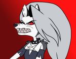  angry anthro canid canid_demon chest_tuft clothing collar demon ear_piercing eyebrows female fur furion100 grey_body grey_fur grey_hair hair hellhound helluva_boss loona_(vivzmind) mammal notched_ear one_eye_closed piercing red_background red_sclera sharp_teeth simple_background solo spiked_collar spikes teeth torn_clothing tuft white_body white_eyes white_fur white_inner_ear 