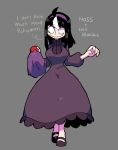  1girl absurdres ahoge bags_under_eyes black_hair breasts cosplay dress english_text eyebrows_visible_through_hair grey_background hairband headband hex_maniac_(pokemon) hex_maniac_(pokemon)_(cosplay) highres large_breasts long_dress long_hair looking_down multicolored_hair noss_(rariatto) original poke_ball pokemon pokemon_(game) pokemon_xy puffy_sleeves purple_hairband rariatto_(ganguri) ribbed_sweater sidelocks smile streaked_hair sweater two-tone_hair wavy_mouth 