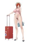  1girl absurdres artist_name bag bare_arms bottomless breasts brown_eyes crop_top female_pubic_hair full_body fushe handbag hat high_heels highres impossible_clothes impossible_shirt large_breasts long_hair looking_at_viewer luggage navel original pink_shirt pubic_hair red_hair ribbon rolling_suitcase shirt simple_background sleeveless sleeveless_shirt smile solo standing stomach strappy_heels tattoo white_background white_headwear 
