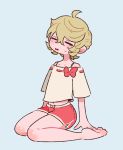  1girl blonde_hair blush bow closed_eyes dolphin_shorts hair_between_eyes iccoco light_blue_background midriff navel off-shoulder_shirt off_shoulder original parted_lips red_bow red_ribbon red_shorts ribbon ribbon_trim seiza shirt shorts simple_background sitting solo sweatdrop white_shirt 
