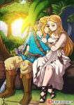  1boy 1girl artist_name bare_shoulders belt blonde_hair blue_shirt blush boots breasts brown_belt brown_footwear cleavage closed_eyes collarbone commentary dress full_body hetero highres injury kinkymation link long_hair long_sleeves master_sword medium_breasts official_alternate_costume outdoors pants pointy_ears princess_zelda sandals shirt sitting smile strapless strapless_dress the_legend_of_zelda the_legend_of_zelda:_breath_of_the_wild torn_clothes torn_pants tree watermark web_address white_dress 
