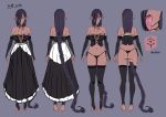  1girl absurdly_long_hair ass back black_gloves black_legwear black_panties black_skirt blue_eyes braid breasts character_sheet cleavage corset dark_elf dark_skin dark_skinned_female earrings elbow_gloves elf gloves heterochromia jewelry lipstick long_hair long_skirt looking_at_viewer makeup miyamoto_issa navel open_mouth original panties pointy_ears purple_background purple_hair purple_lipstick red_eyes simple_background sketch skirt tattoo thighhighs tongue tongue_out tongue_tattoo underwear very_long_hair 