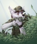  2019 anthro battle_rifle black_nose brown_hair camo camo_clothing camo_print canid canine canis clock clothing domestic_dog eyebrows fn_fal fur gradient_background gun hair hat headgear headwear hi_res leaf male mammal military military_cap military_clothing military_uniform pattern_clothing pimpartist plant ranged_weapon red_eyes rhodesia shrub simple_background solo traditional_media_(artwork) uniform watch weapon white_body white_fur 
