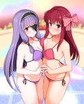  amane_(dream_c_club) bikini blush bow breast_press breasts cleavage dream_c_club dream_c_club_(series) eyepatch hair_bow headdress hisakabe_oune legs long_hair looking_at_viewer mari_(dream_c_club) pink_eyes purple_eyes purple_hair red_hair side-tie_bikini smile swimsuit swimwear symmetrical_docking very_long_hair 