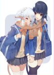  2girls akizone au_ra bag blazer bow bowtie breath cheeze_(akizone) dragon_horns emblem final_fantasy final_fantasy_xiv happy head_on_another&#039;s_shoulder highres holding_hands horns interlocked_fingers jacket multiple_girls original red_eyes renz_(rirene_rn) scarf school_uniform shared_scarf short_hair skirt tail thighhighs yuri 