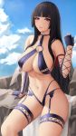  1girl arm_support azur_lane bangs bikini black_hair blue_sky breasts choker cleavage cloud dead_or_alive dead_or_alive_5 english_commentary eyebrows_visible_through_hair fishnets garter_straps gloves highleg highleg_bikini highres large_breasts long_hair navel nyotengu o-ring o-ring_top outdoors parted_lips partially_fingerless_gloves purple_eyes rock sky swimsuit swimwear thighs underboob zaphn 