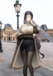  1girl absurdres bangs blue_eyes breasts dokshuri earrings fate/grand_order fate_(series) highres jewelry large_breasts minamoto_no_raikou_(fate/grand_order) necklace pantyhose public skirt sweater turtleneck turtleneck_sweater 