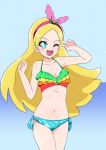  +_+ 1girl ;d bangs bikini blonde_hair blue_background blue_bikini blue_eyes breasts cleavage collarbone cowboy_shot hairband halterneck highres kirahoshi_ciel kirakira_precure_a_la_mode long_hair mismatched_bikini multicolored multicolored_bikini multicolored_clothes navel ocean one_eye_closed open_mouth parted_bangs precure print_bikini red_hairband shiny shiny_hair side-tie_bikini small_breasts smile solo standing stick308 swimsuit very_long_hair w_over_eye 