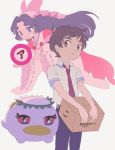  1boy 1girl azuma_sara black_hair black_pants blue_eyes box brown_eyes brown_hair collared_shirt feet_out_of_frame highres japanese_clothes katou_(osoraku) kimono long_hair long_sleeves necktie pants pink_headwear pink_kimono red_neckwear ribbon_trim sarazanmai shirt short_hair short_sleeves white_shirt wide_sleeves yasaka_kazuki 