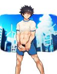  1boy black_hair blue_shorts cityscape erection feet_out_of_frame highres kamijou_touma looking_at_viewer male_focus male_pubic_hair midriff navel penis pubic_hair robokeh shiny shiny_hair shirt short_hair shorts spiked_hair stomach testicles to_aru_majutsu_no_index toned toned_male uncensored white_shirt 