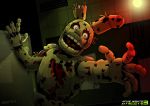  2017 5_fingers absurd_res animatronic anthro dilated_pupils english_text fingers five_nights_at_freddy&#039;s five_nights_at_freddy&#039;s_3 green_body green_nose head_tilt hi_res inside lagomorph leporid light looking_at_viewer machine male mammal notched_ear open_mouth pinkypills_(artist) portrait pose rabbit raised_arm reaching_towards_viewer robot smile solo springtrap_(fnaf) standing teeth text torn_body video_games wallpaper white_eyes wire yellow_sclera yellow_teeth 