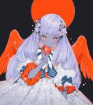  1girl apple colored_skin feathered_wings flower food fruit grey_hair grey_skin hair_flower hair_ornament holding holding_food holding_fruit l_hakase long_hair original puffy_short_sleeves puffy_sleeves purple_flower red_eyes red_wings short_sleeves solo upper_body wings 