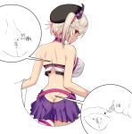  1girl ass bare_shoulders beret black_legwear blonde_hair breasts butt_crack choker commentary_request dragon_girl dragon_horns from_behind hat highres horns large_breasts looking_at_viewer looking_back multicolored_hair original pink_choker pleated_skirt purple_skirt red_eyes red_hair satou_daiji short_hair side_ponytail sideboob simple_background single_thighhigh skirt solo thighhighs translated two-tone_hair usb virtual_youtuber white_background 