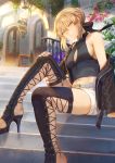  1girl alternate_costume artoria_pendragon_(all) bangs bare_shoulders belt belt_buckle black_bow black_footwear black_jacket black_shirt blonde_hair boots bow breasts buckle building casual cleavage_cutout closed_mouth clothing_cutout commentary_request day eyebrows_visible_through_hair fate/grand_order fate_(series) feet flower hair_bow hair_bun hair_ribbon hand_on_own_knee heel-less_footwear high_heel_boots high_heels highres jacket knee_up legs long_sleeves looking_at_viewer mashuu_(neko_no_oyashiro) off_shoulder outdoors pink_flower pink_rose railing ribbon rose saber_alter shirt short_hair short_shorts shorts sideboob sidelocks sitting small_breasts solo stairs thigh_boots thighhighs toeless_legwear unzipped v-shaped_eyebrows white_flower white_rose white_shorts yellow_eyes zipper_pull_tab 