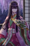  1girl absurdly_long_hair absurdres bangs black_hair blush breasts fan fate/grand_order fate_(series) flower folding_fan highres huge_filesize japanese_clothes karaginu_mo kimono layered_clothing layered_kimono long_hair long_sleeves looking_at_viewer murasaki_shikibu_(fate) pink_kimono purple_eyes sash shouji sliding_doors tobi_(pixiv41237754) very_long_hair wide_sleeves wisteria 