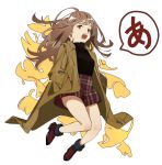  1girl bare_legs black_shirt brown_coat brown_eyes brown_footwear brown_skirt coat floating_hair ginkgo_leaf hands_in_pockets open_mouth original plaid plaid_skirt shio_(s_alt_shio) shirt shoes skirt solo speech_bubble 