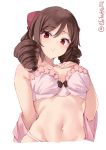  1girl :o bow bra breasts brown_hair collarbone drill_hair ebifurya eyebrows_visible_through_hair hair_between_eyes hair_bow hand_on_own_chest harukaze_(kantai_collection) highres japanese_clothes kantai_collection kimono long_hair looking_at_viewer medium_breasts navel open_clothes open_kimono panties pink_bra pink_kimono pink_panties red_bow red_eyes simple_background solo twin_drills twitter_username underwear white_background 