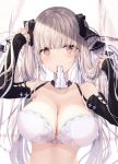  1girl absurdres arm_up azur_lane bangs bare_shoulders black_ribbon blunt_bangs blush bra breasts cleavage collarbone commentary detached_sleeves eyebrows_visible_through_hair formidable_(azur_lane) hair_ribbon hand_up highres holding holding_hair liya long_hair looking_at_viewer mouth_hold ribbon solo strapless strapless_bra thighhighs two-tone_ribbon underwear upper_body white_bra white_ribbon 