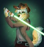  2020 5_fingers anthro canid canine canis citrinelle clothed clothing digital_media_(artwork) domestic_dog fingers green_eyes hair hat headgear headwear hi_res lightsaber male mammal melee_weapon solo star_wars weapon white_hair 