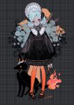  1girl aqua_hair black_dog black_dress black_footwear dress fire full_body headdress l_hakase long_sleeves orange_eyes original plaid plaid_background red_legwear short_hair signature solo standing 