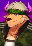  1boy animal_ears bara brown_fur camouflage camouflage_headwear camouflage_jacket chest_hair cow_ears cow_horns face facial_hair furry goatee headband highres horns jacket male_focus minotaur muscle one_eye_closed purple_background purple_eyes purple_horns shennong_(tokyo_houkago_summoners) short_hair sideburns smile solo tokyo_houkago_summoners tsuk8454 upper_body white_hair 