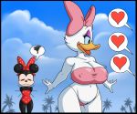  &lt;3 anatid anseriform anthro avian big_breasts bikini bird blush bow breast_size_difference breasts clothing daisy_duck disney duck duo female flat_chested lordstevie mammal minnie_mouse motion_lines mouse murid murine nipple_outline one-piece_swimsuit palm_tree plant pubes rodent swimwear tree 