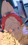  1girl blonde_hair blue_eyes breasts cleavage collarbone commentary_request highres large_breasts long_hair looking_at_viewer original playstation_5 ryusei_hashida short_shorts shorts solo thighs upside-down veins veiny_breasts wavy_mouth 
