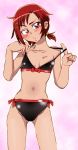  1girl bikini black_bikini blush hino_akane_(smile_precure!) looking_at_viewer navel onnaski open_mouth precure red_eyes red_hair short_hair smile_precure! solo swimsuit swimwear 