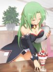  1girl angel_mort black_leotard black_sleeves blurry blurry_background breast_press breasts cleavage closed_eyes cowboy_shot detached_collar detached_sleeves green_hair grin gulim hair_intakes hair_ribbon highres higurashi_no_naku_koro_ni holding holding_plate large_breasts leaning_forward leotard long_hair long_sleeves parfait plate ribbon shiny shiny_hair smile solo sonozaki_shion sparkle standing strapless strapless_leotard very_long_hair wing_collar yellow_ribbon 